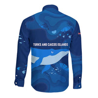 Turks and Caicos Islands Long Sleeve Button Shirt with Blue Ocean Whale and Coral Reef Design - Wonder Print Shop