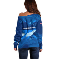 Turks and Caicos Islands Off Shoulder Sweater with Blue Ocean Whale and Coral Reef Design - Wonder Print Shop