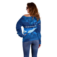 Turks and Caicos Islands Off Shoulder Sweater with Blue Ocean Whale and Coral Reef Design - Wonder Print Shop