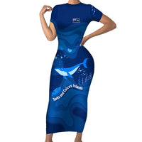 Turks and Caicos Islands Short Sleeve Bodycon Dress with Blue Ocean Whale and Coral Reef Design - Wonder Print Shop