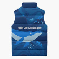 Turks and Caicos Islands Sleeveless Puffer Jacket with Blue Ocean Whale and Coral Reef Design - Wonder Print Shop