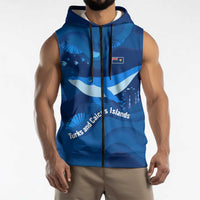 Turks and Caicos Islands Sleeveless Zip Hoodie with Blue Ocean Whale and Coral Reef Design - Wonder Print Shop