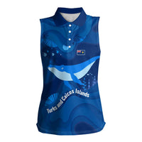 Turks and Caicos Islands Women Sleeveless Polo Shirt with Blue Ocean Whale and Coral Reef Design - Wonder Print Shop