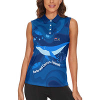 Turks and Caicos Islands Women Sleeveless Polo Shirt with Blue Ocean Whale and Coral Reef Design - Wonder Print Shop