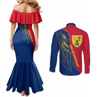Turks and Caicos Islands Couples Matching Mermaid Dress and Long Sleeve Button Shirt with Yellow Hawk Outline and Red Blue Crest Design - Wonder Print Shop