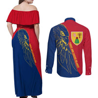 Turks and Caicos Islands Couples Matching Off Shoulder Maxi Dress and Long Sleeve Button Shirt with Yellow Hawk Outline and Red Blue Crest Design - Wonder Print Shop