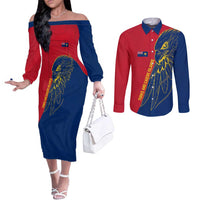 Turks and Caicos Islands Couples Matching Off The Shoulder Long Sleeve Dress and Long Sleeve Button Shirt with Yellow Hawk Outline and Red Blue Crest Design - Wonder Print Shop