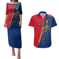 Turks and Caicos Islands Couples Matching Puletasi and Hawaiian Shirt with Yellow Hawk Outline and Red Blue Crest Design - Wonder Print Shop