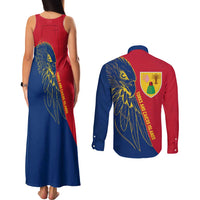 Turks and Caicos Islands Couples Matching Tank Maxi Dress and Long Sleeve Button Shirt with Yellow Hawk Outline and Red Blue Crest Design - Wonder Print Shop