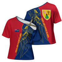 Turks and Caicos Islands Cross Shoulder Shirt with Yellow Hawk Outline and Red Blue Crest Design - Wonder Print Shop
