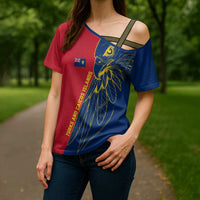 Turks and Caicos Islands Cross Shoulder Shirt with Yellow Hawk Outline and Red Blue Crest Design - Wonder Print Shop