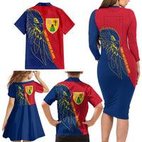 Turks and Caicos Islands Family Matching Long Sleeve Bodycon Dress and Hawaiian Shirt with Yellow Hawk Outline and Red Blue Crest Design - Wonder Print Shop