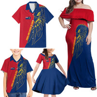 Turks and Caicos Islands Family Matching Off Shoulder Maxi Dress and Hawaiian Shirt with Yellow Hawk Outline and Red Blue Crest Design - Wonder Print Shop