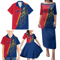 Turks and Caicos Islands Family Matching Puletasi and Hawaiian Shirt with Yellow Hawk Outline and Red Blue Crest Design - Wonder Print Shop