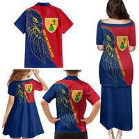 Turks and Caicos Islands Family Matching Puletasi and Hawaiian Shirt with Yellow Hawk Outline and Red Blue Crest Design - Wonder Print Shop