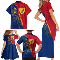 Turks and Caicos Islands Family Matching Short Sleeve Bodycon Dress and Hawaiian Shirt with Yellow Hawk Outline and Red Blue Crest Design - Wonder Print Shop