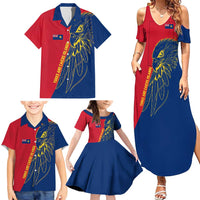Turks and Caicos Islands Family Matching Summer Maxi Dress and Hawaiian Shirt with Yellow Hawk Outline and Red Blue Crest Design - Wonder Print Shop