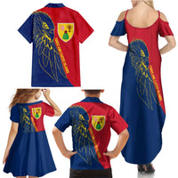 Turks and Caicos Islands Family Matching Summer Maxi Dress and Hawaiian Shirt with Yellow Hawk Outline and Red Blue Crest Design - Wonder Print Shop