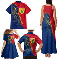 Turks and Caicos Islands Family Matching Tank Maxi Dress and Hawaiian Shirt with Yellow Hawk Outline and Red Blue Crest Design - Wonder Print Shop