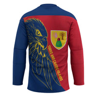 Turks and Caicos Islands Hockey Jersey with Yellow Hawk Outline and Red Blue Crest Design - Wonder Print Shop