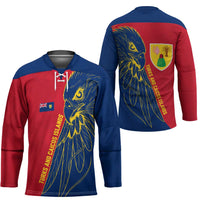 Turks and Caicos Islands Hockey Jersey with Yellow Hawk Outline and Red Blue Crest Design - Wonder Print Shop