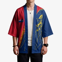 Turks and Caicos Islands Kimono with Yellow Hawk Outline and Red Blue Crest Design - Wonder Print Shop