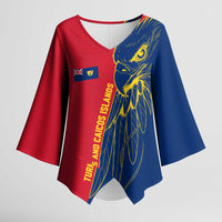 Turks and Caicos Islands Kimono Sleeve Blouse with Yellow Hawk Outline and Red Blue Crest Design - Wonder Print Shop