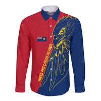 Turks and Caicos Islands Long Sleeve Button Shirt with Yellow Hawk Outline and Red Blue Crest Design - Wonder Print Shop