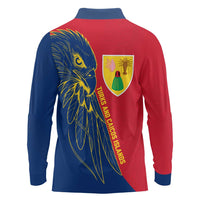 Turks and Caicos Islands Long Sleeve Polo Shirt with Yellow Hawk Outline and Red Blue Crest Design - Wonder Print Shop