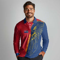 Turks and Caicos Islands Long Sleeve Polo Shirt with Yellow Hawk Outline and Red Blue Crest Design - Wonder Print Shop