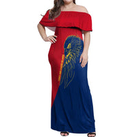 Turks and Caicos Islands Off Shoulder Maxi Dress with Yellow Hawk Outline and Red Blue Crest Design - Wonder Print Shop
