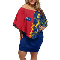 Turks and Caicos Islands Off Shoulder Short Dress with Yellow Hawk Outline and Red Blue Crest Design - Wonder Print Shop