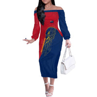 Turks and Caicos Islands Off The Shoulder Long Sleeve Dress with Yellow Hawk Outline and Red Blue Crest Design - Wonder Print Shop