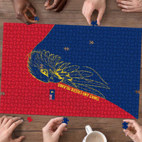 Turks and Caicos Islands Puzzle with Yellow Hawk Outline and Red Blue Crest Design - Wonder Print Shop