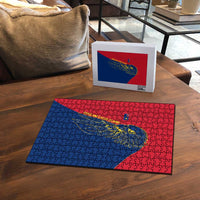 Turks and Caicos Islands Puzzle with Yellow Hawk Outline and Red Blue Crest Design - Wonder Print Shop