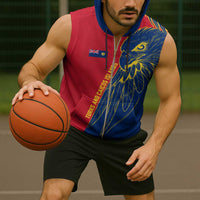 Turks and Caicos Islands Sleeveless Zip Hoodie with Yellow Hawk Outline and Red Blue Crest Design - Wonder Print Shop