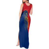 Turks and Caicos Islands Tank Maxi Dress with Yellow Hawk Outline and Red Blue Crest Design - Wonder Print Shop