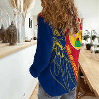 Turks and Caicos Islands Women Casual Shirt with Yellow Hawk Outline and Red Blue Crest Design - Wonder Print Shop