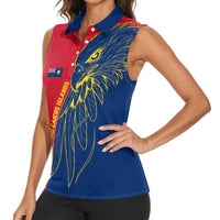 Turks and Caicos Islands Women Sleeveless Polo Shirt with Yellow Hawk Outline and Red Blue Crest Design - Wonder Print Shop