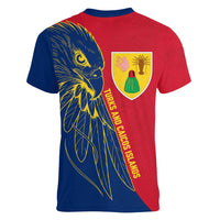 Turks and Caicos Islands Women V-Neck T-Shirt with Yellow Hawk Outline and Red Blue Crest Design - Wonder Print Shop