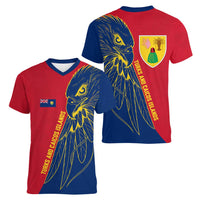 Turks and Caicos Islands Women V-Neck T-Shirt with Yellow Hawk Outline and Red Blue Crest Design - Wonder Print Shop