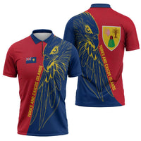 Turks and Caicos Islands Zipper Polo Shirt with Yellow Hawk Outline and Red Blue Crest Design - Wonder Print Shop