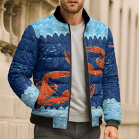 Turks and Caicos Islands Bomber Puffer Jacket with Red Crab and Ocean Wave Coral Reef Design - Wonder Print Shop