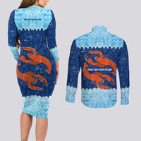 Turks and Caicos Islands Couples Matching Long Sleeve Bodycon Dress and Long Sleeve Button Shirt with Red Crab and Ocean Wave Coral Reef Design - Wonder Print Shop