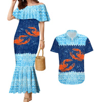 Turks and Caicos Islands Couples Matching Mermaid Dress and Hawaiian Shirt with Red Crab and Ocean Wave Coral Reef Design - Wonder Print Shop