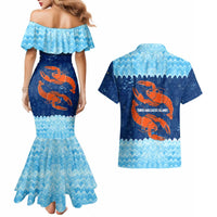 Turks and Caicos Islands Couples Matching Mermaid Dress and Hawaiian Shirt with Red Crab and Ocean Wave Coral Reef Design - Wonder Print Shop
