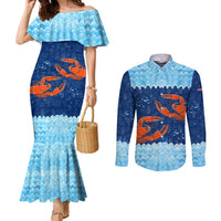Turks and Caicos Islands Couples Matching Mermaid Dress and Long Sleeve Button Shirt with Red Crab and Ocean Wave Coral Reef Design - Wonder Print Shop