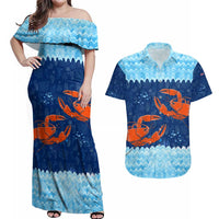 Turks and Caicos Islands Couples Matching Off Shoulder Maxi Dress and Hawaiian Shirt with Red Crab and Ocean Wave Coral Reef Design - Wonder Print Shop