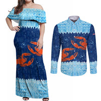 Turks and Caicos Islands Couples Matching Off Shoulder Maxi Dress and Long Sleeve Button Shirt with Red Crab and Ocean Wave Coral Reef Design - Wonder Print Shop