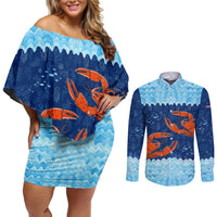 Turks and Caicos Islands Couples Matching Off Shoulder Short Dress and Long Sleeve Button Shirt with Red Crab and Ocean Wave Coral Reef Design - Wonder Print Shop